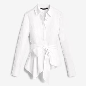 WHBM Asymmetric Poplin Blouse Button Up Tie Waist